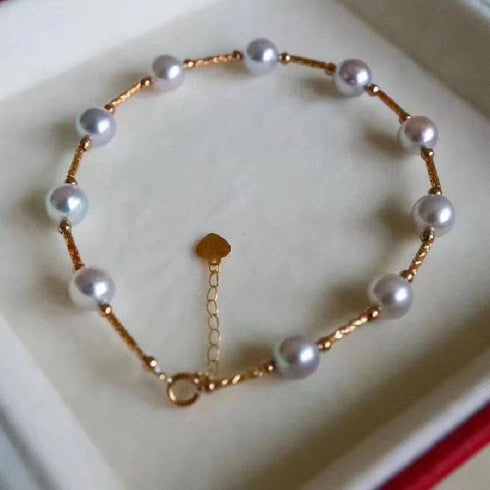 6-7mm Seawater Silver Blue Pearls Tincup Bracelet 18K Gold - House Of Pearls